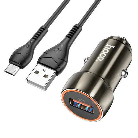 Автомобільний зарядний пристрій Hoco Blue Shield Single Port QC3.0 Car Charger Set (Micro) (Z46) Metal Gray