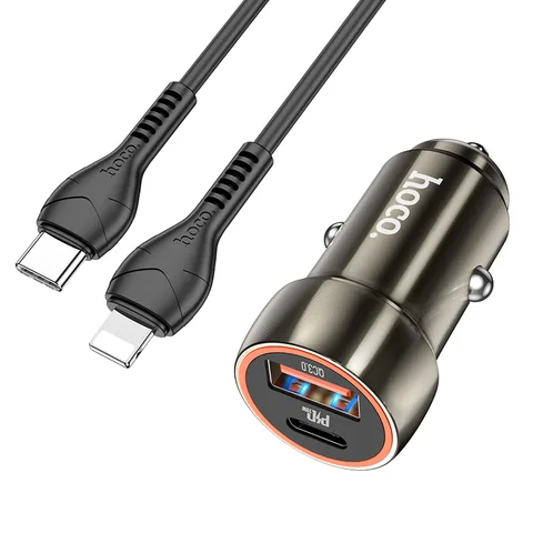 Автомобільний зарядний пристрій Hoco Blue Whale PD20W+QC3.0 Car Charger Set (C to iP) (Z46A) Metal Gray