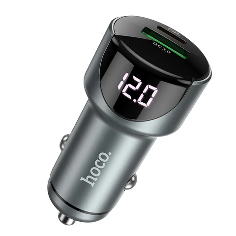 Автомобільний зарядний пристрій Hoco Light Road Dual Port Digital Display PD20W+QC3.0 Car Charger (Z42) Metal Gray