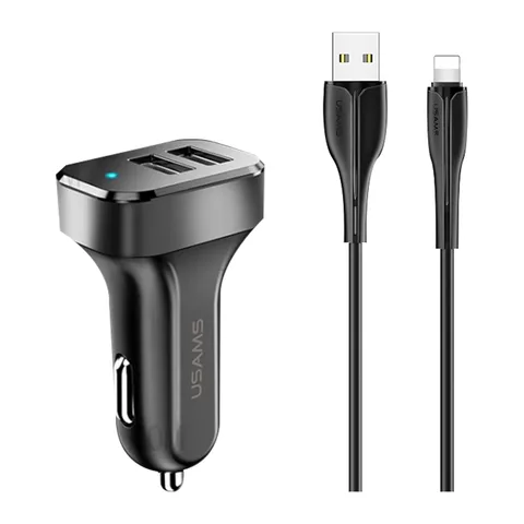 Автомобільний зарядний пристрій Usams-NT Tu Travel Car Charger Kit King (U35 Lightning Data And Charging Cable 1M + C13 2.1A Dual USB Car Charger) (NTU35LC13TZ) Black