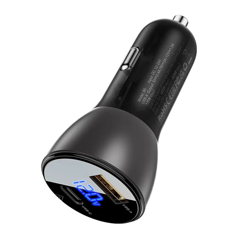 Автомобильное зарядное устройство Acefast B6 Metal 63W (USB-A+USB-C) With Digital Display (AFB6B) — фото 2