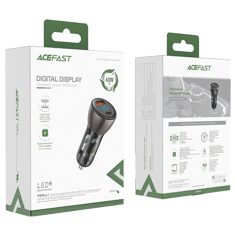 Автомобильное зарядное устройство Acefast B6 Metal 63W (USB-A+USB-C) With Digital Display (AFB6B) — фото 3