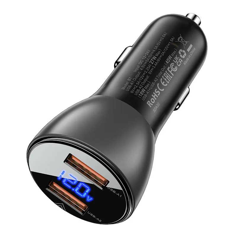 Автомобильное зарядное устройство Acefast B7 Metal 45W (USB-A + USB-A) With Digital Display (AFB7B) — фото 3