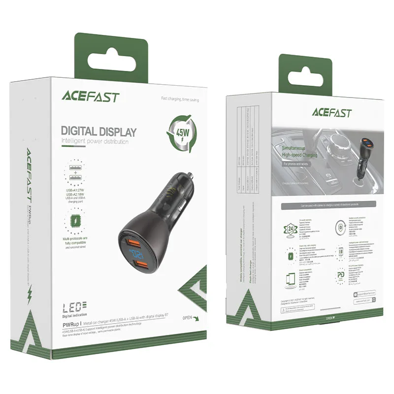 Автомобильное зарядное устройство Acefast B7 Metal 45W (USB-A + USB-A) With Digital Display (AFB7B) — фото 4