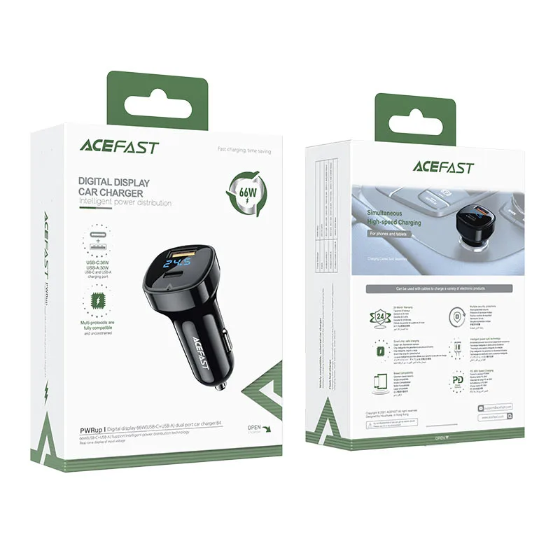 Автомобильное зарядное устройство Acefast B4 Digital Display 66W (USB-C+USB-A) Dual Port Car Charger (AFB4B) — фото 5