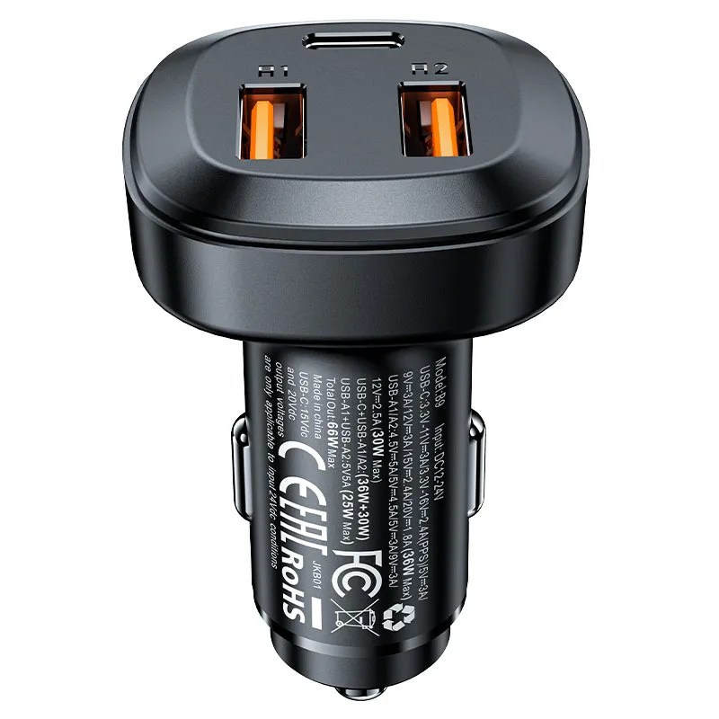 Автомобильное зарядное устройство Acefast B9 66W (2USB-A+USB-C) Three Port Metal Car Charger (AFB9) — фото 4