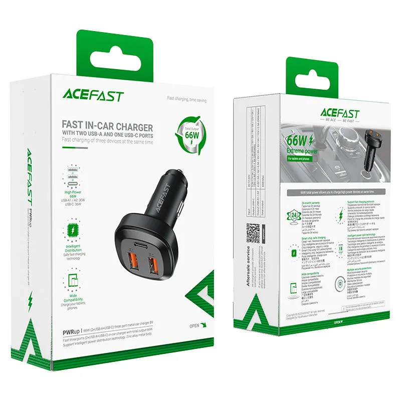 Автомобильное зарядное устройство Acefast B9 66W (2USB-A+USB-C) Three Port Metal Car Charger (AFB9) — фото 5