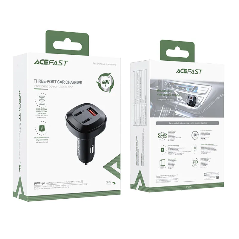 Автомобильное зарядное устройство Acefast B3 66W (USB-C+USB-C+USB-A) Three-Port Metal Car Charger (AFB3B) — фото 5