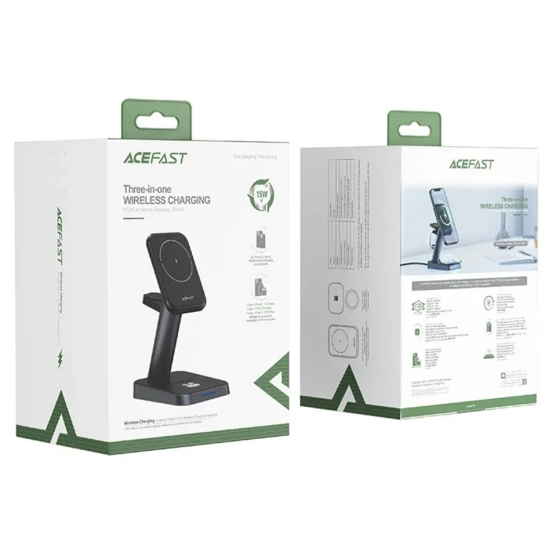 Беспроводное зарядное устройство Acefast E3 Desktop Three-In-One Wireless Charging Stand Black — фото 5
