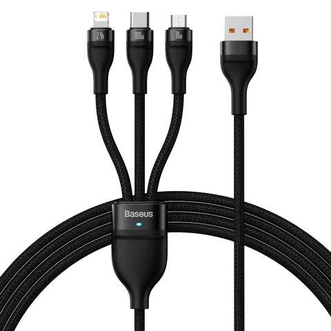 Кабель Baseus Flash Series Ⅱ One-for-three Fast Charging Data Cable USB to M+L+C 100W 1.2m (CASS030001) Black