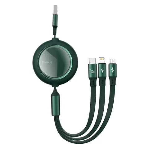 Кабель Baseus Bright Mirror One-for-three Retractable Data Cable USB to M+L+C 1.2m 66W (CAMLC-MJ06) Green