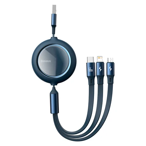 Кабель Baseus Bright Mirror One-for-three Retractable Data Cable USB to M+L+C 1.2m 66W (CAMLC-MJ03) Blue