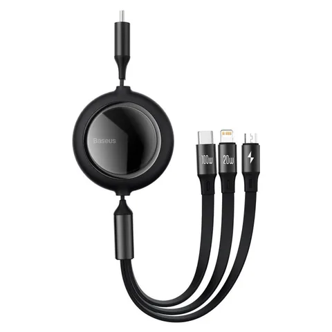 Кабель Baseus Bright Mirror One-for-three Retractable Data Cable Type-C to M+L+C 1.2m 100W (CAMLC-AMJ01) Black