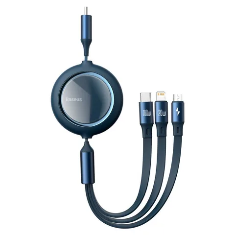 Кабель Baseus Bright Mirror One-for-three Retractable Data Cable Type-C to M+L+C 1.2m 100W (CAMLC-AMJ03) Blue