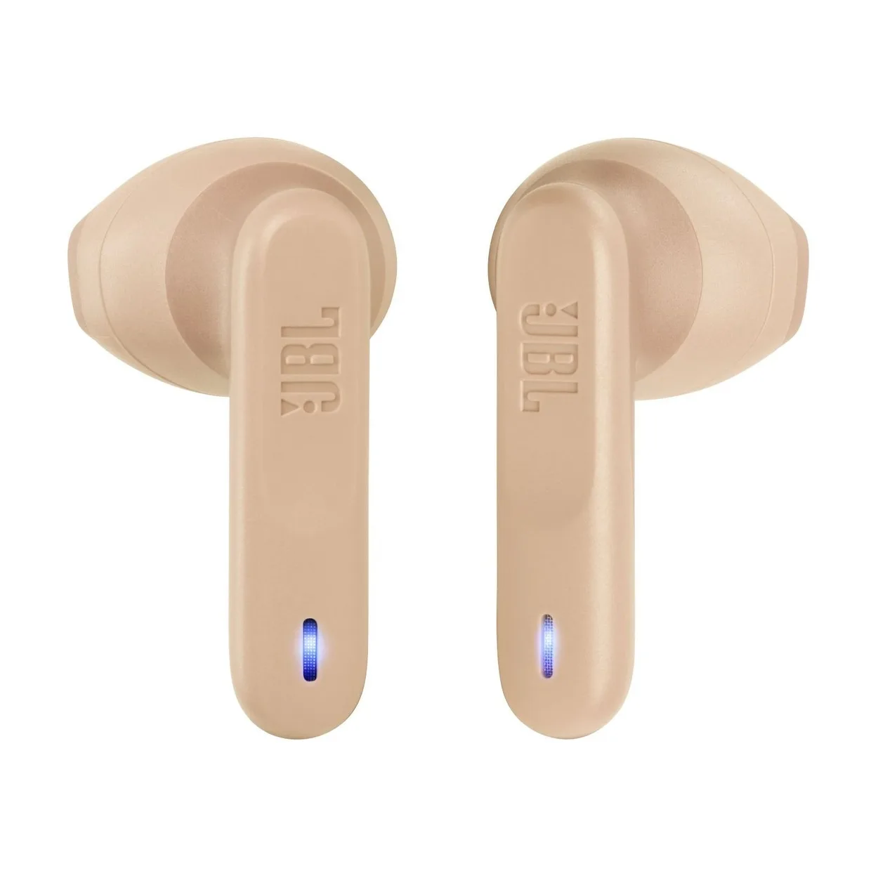 Наушники JBL Wave Flex TWS бежевые, два вкладыша с логотипом JBL и синими индикаторами на ножках