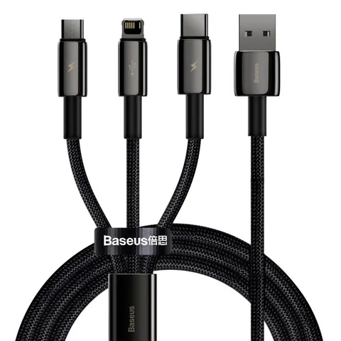 Кабель Baseus Tungsten Gold One-for-three Fast Charging Data Cable USB to M+L+C 3.5A 1.5m (CAMLTWJ-01) Black