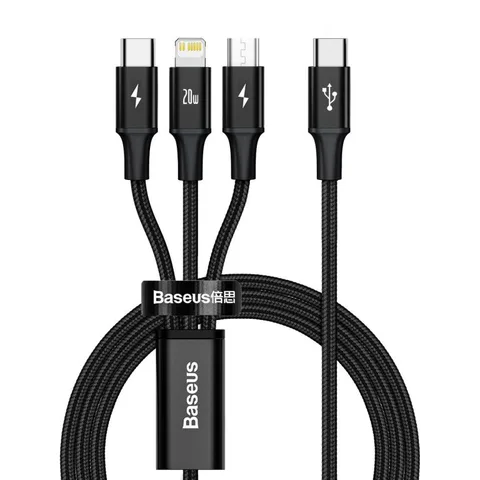 Кабель Baseus Rapid Series 3-in-1 Fast Charging Data Cable Type-C to C+L+C PD 20W 1.5m (CAMLT-SC01) Black