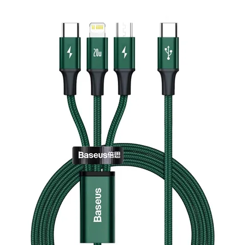 Кабель Baseus Rapid Series 3-in-1 Fast Charging Data Cable Type-C to C+L+C PD 20W 1.5m (CAMLT-SC06) Green