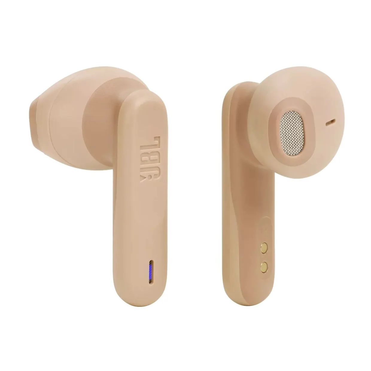 Наушники JBL Wave Flex TWS бежевые, два вкладыша под разными углами: с логотипом сбоку и со стороны динамика