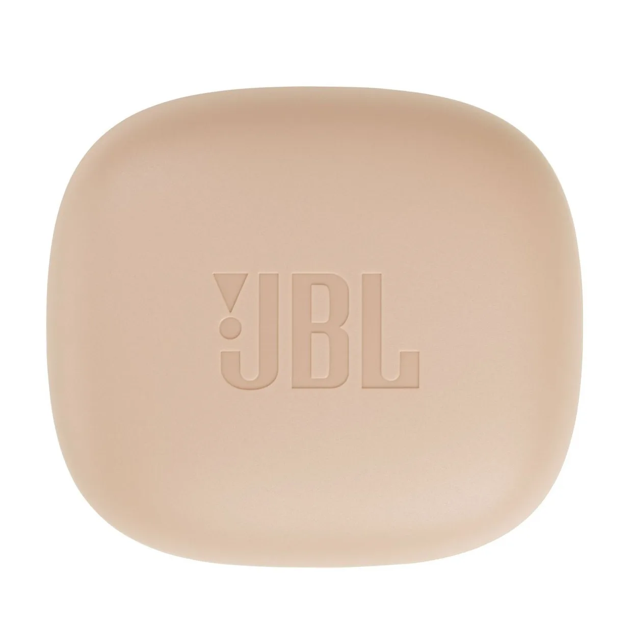 Зарядный кейс наушников JBL Wave Flex TWS бежевый, вид сверху на крышку с логотипом JBL