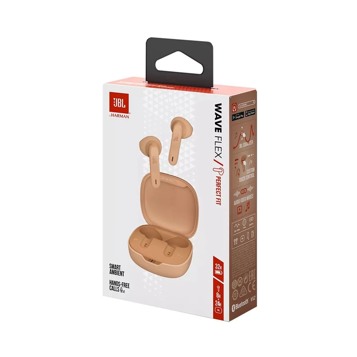 Наушники JBL Wave Flex TWS бежевые в картонной упаковке, вид под углом с боковой гранью