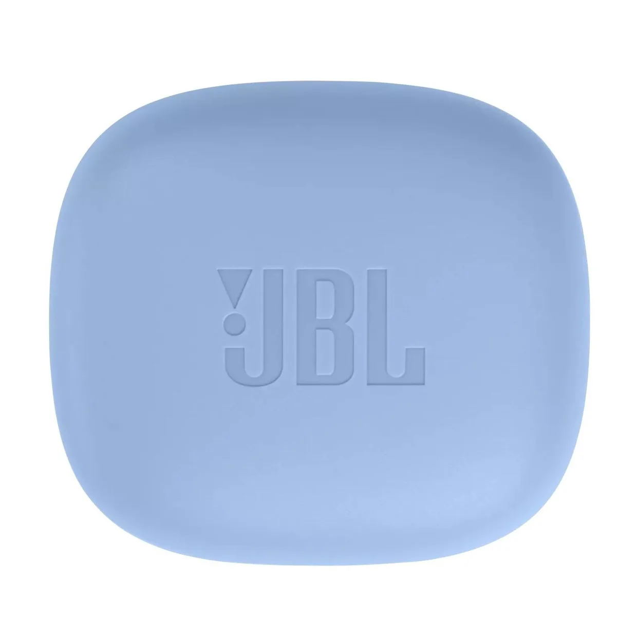 Зарядный кейс наушников JBL Wave Flex TWS синий, вид сверху на крышку с логотипом JBL