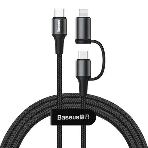 Кабель Baseus twins 2 in 1 Cable Type-C to Type-C 60W (20V/3A) + Ip 20W (9V/2A) 1m two flash charge (CATLYW-H01) Black