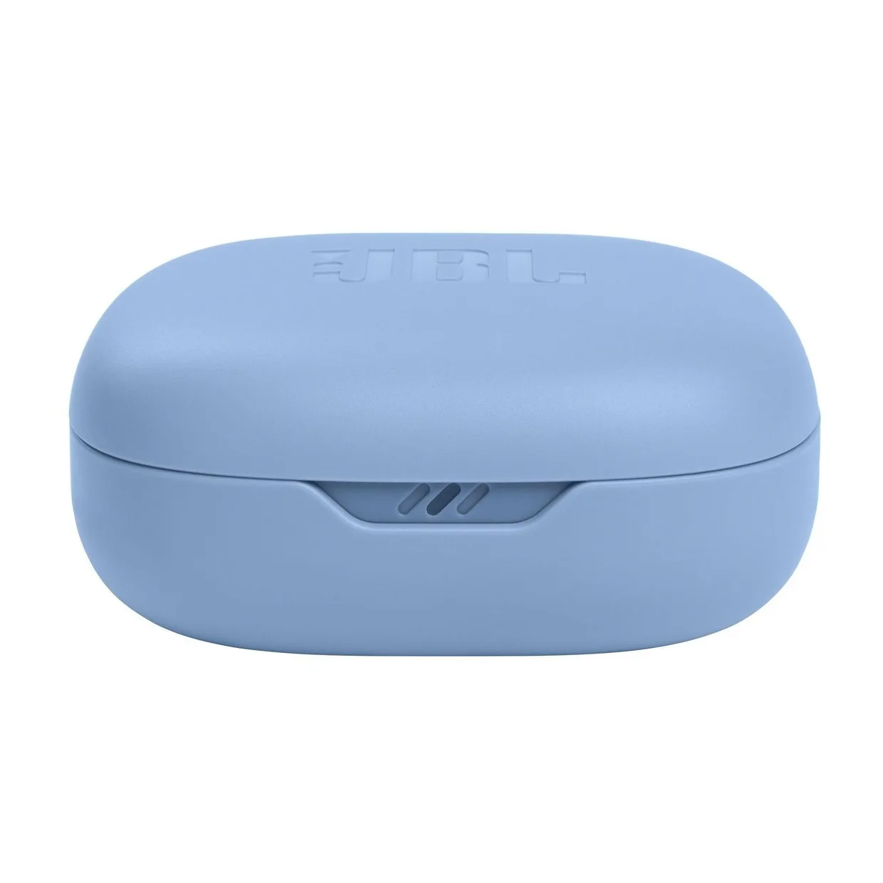 Зарядный кейс наушников JBL Wave Flex TWS синий, закрытый, вид спереди с индикаторами заряда