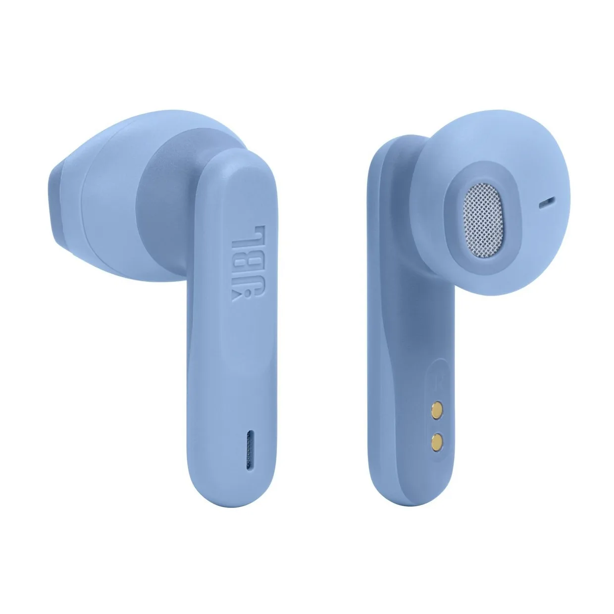 Наушники JBL Wave Flex TWS синие, два вкладыша под разными углами: с логотипом сбоку и со стороны динамика