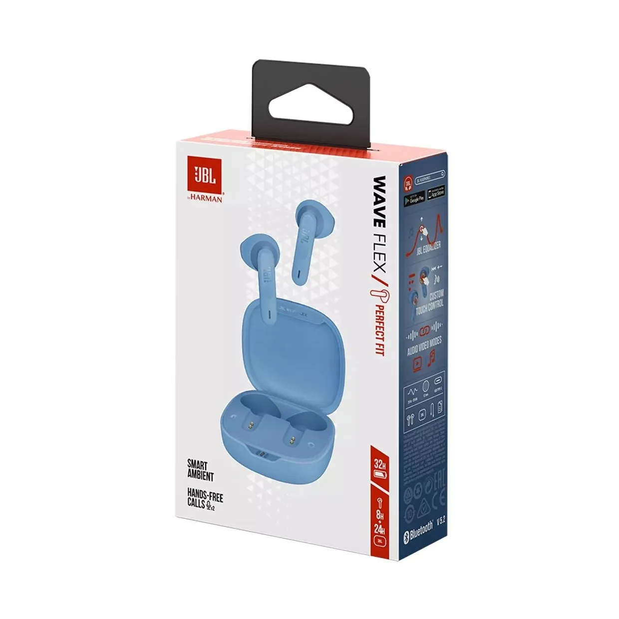Наушники JBL Wave Flex TWS синие в картонной упаковке, вид под углом с боковой гранью
