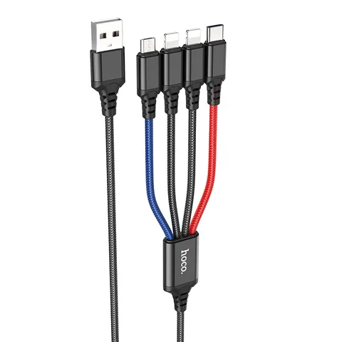 Кабель Hoco 4-in-1 Super Charging Cable (iP+iP+Type-C+Micro) (X76) Black/Red/Blue