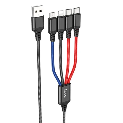 Кабель Hoco 4-in-1 Super Charging Cable (Type-C+Type-C+iP+Micro) (X76) Black/Red/Blue