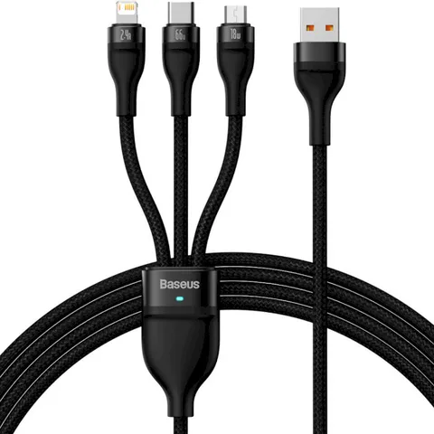 Кабель Baseus Flash Series Ⅱ One-for-three Fast Charging Data Cable USB to M+L+C 66W 1.2m (CASS040001) Black