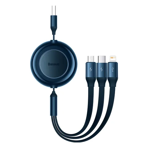 Кабель Baseus Bright Mirror 2 Series Retractable 3-in-1 Fast Charging Data Cable USB to M+L+C 3.5A (CAMJ010003) 1.1m Blue