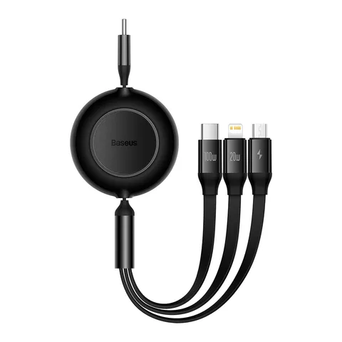 Кабель Baseus Bright Mirror 2 Series Retractable 3-in-1 Fast Charging Data Cable Type-C to M+L+C 100W (CAMJ010201) 1.1m Black
