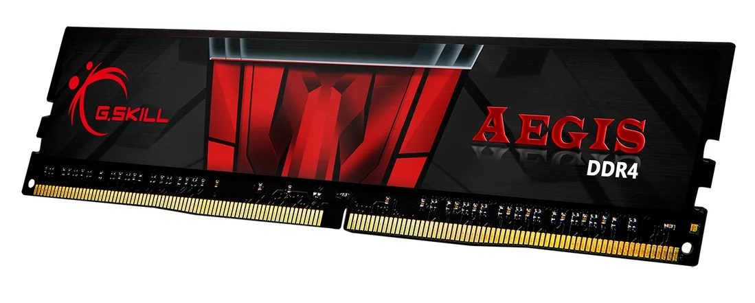 Модуль оперативної пам’яті G.Skill Aegis DDR4 8GB під кутом із червоно-чорною наліпкою