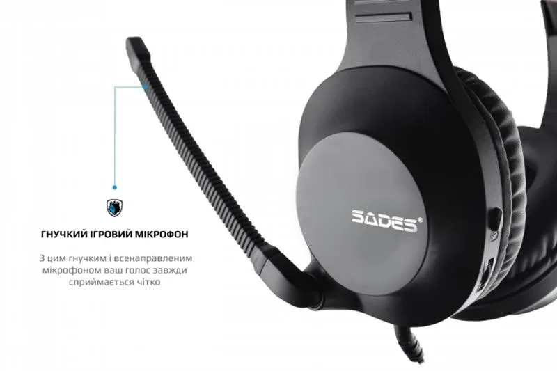 Гнучкий мікрофон гарнітури Sades SA-721 Spirits крупним планом, на банері опис мікрофона