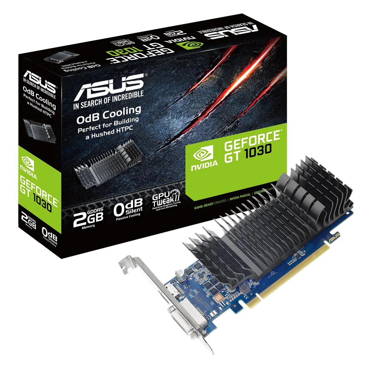 Низкопрофильная видеокарта Asus GeForce GT 1030 рядом с фирменной коробкой