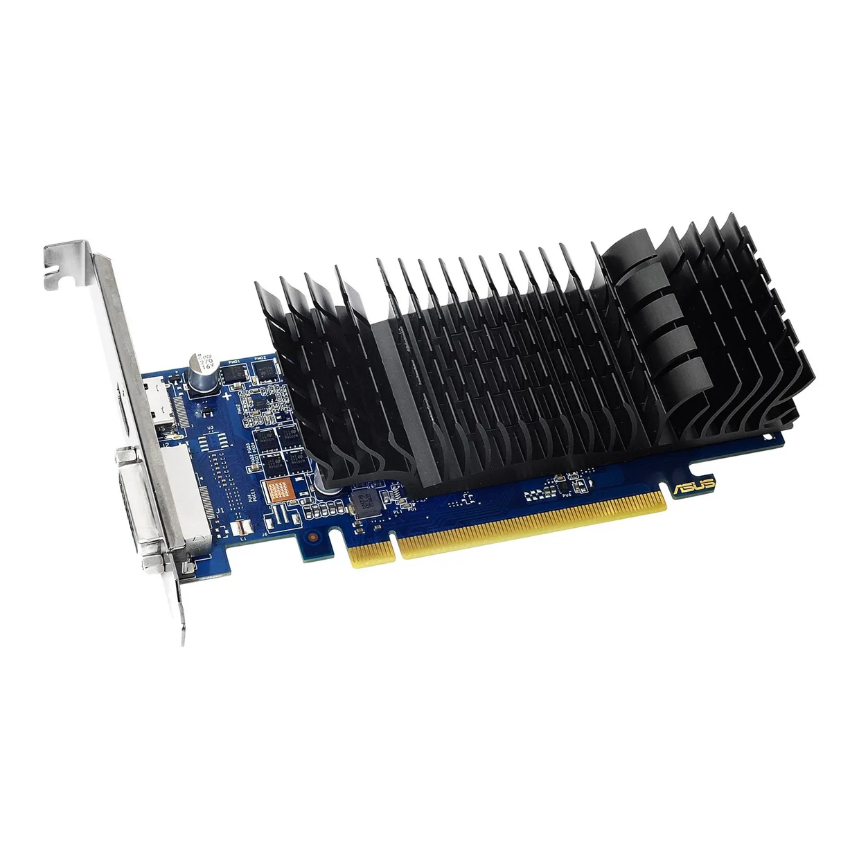 Низкопрофильная видеокарта Asus GeForce GT 1030 в ракурсе на синей печатной плате