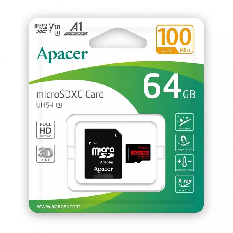 Карта памяти Apacer microSDXC 64GB (UHS-I U1) R-100 MB/s Class 10 A1 V10 (AP64GMCSX10UB-R) + SD Adapter — фото 2