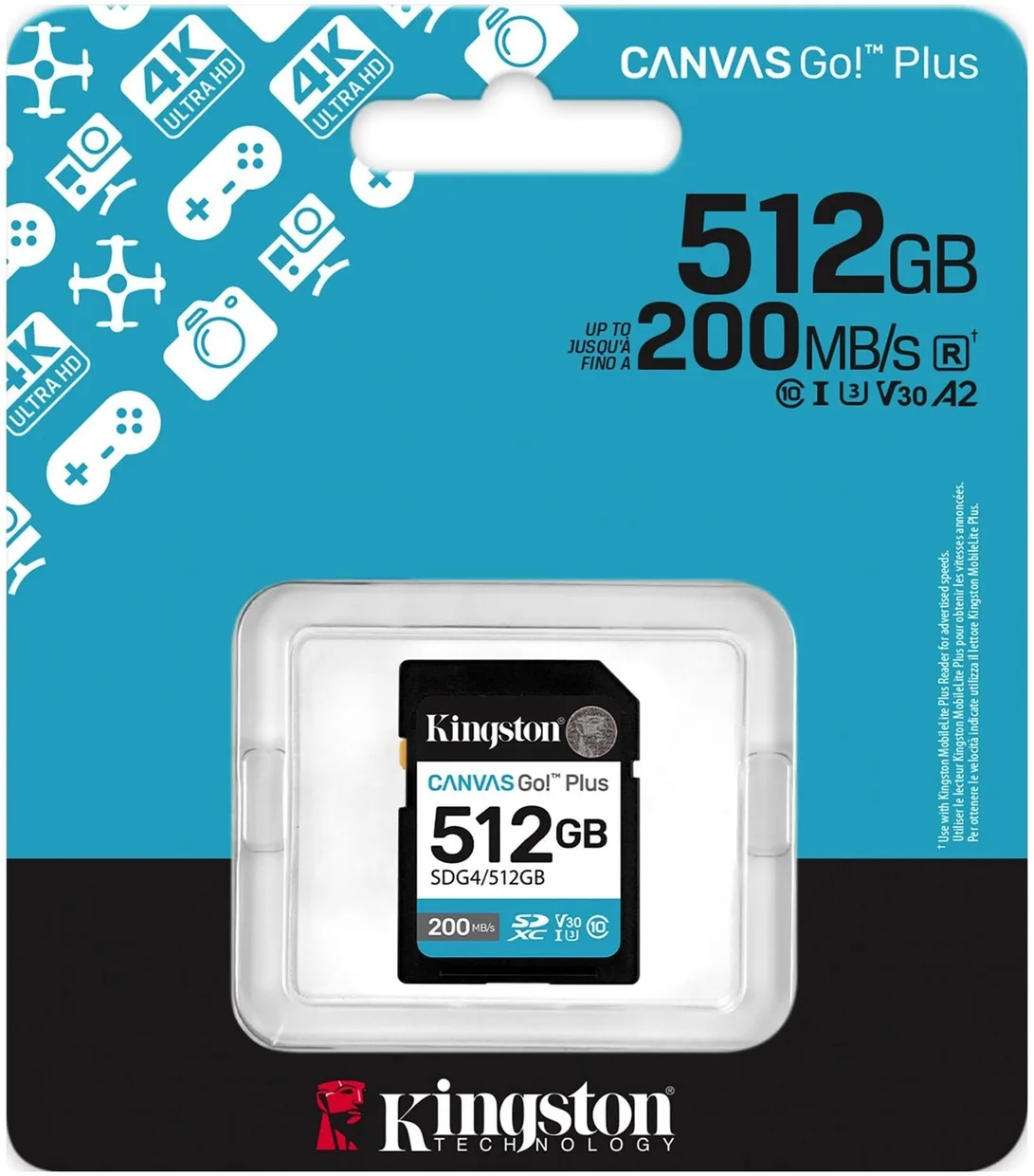 Карта памяти Kingston Canvas Go! Plus SDXC 512GB (UHS-I U3) W-160 MB/s, R-200 MB/s Class 10 V30 (SDG4/512GB) — фото 3