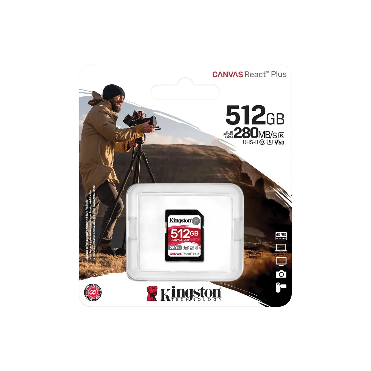 Карта памяти Kingston Canvas React Plus V60 SDXC 512GB (UHS-II U3) W-150 MB/s, R-280 MB/s Class 10 V60 (SDR2V6/512GB) — фото 3