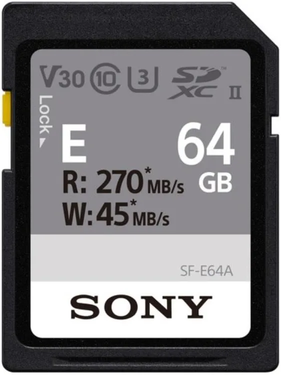 Карта памяти Sony SF-E Entry SDXC 64GB (UHS-II U3) W-45 MB/s, R-270 MB/s Class 10 V30 (SFE64A.ET4)
