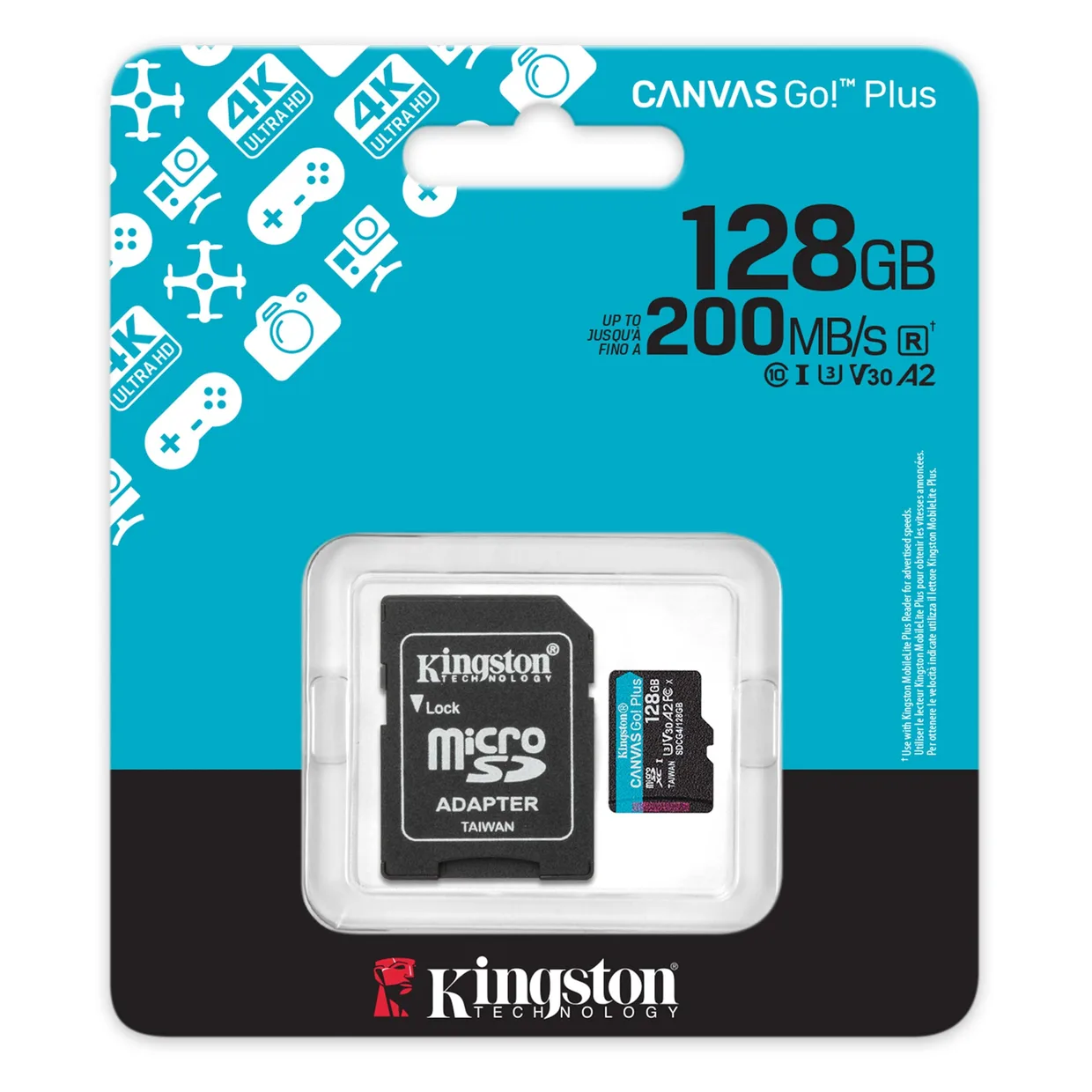 Карта памяти Kingston Canvas Go! Plus microSDXC 128GB (UHS-I U3) W-100 MB/s, R-200 MB/s Class 10 A2 V30 (SDCG4/128GB) + SD Adapter — фото 3