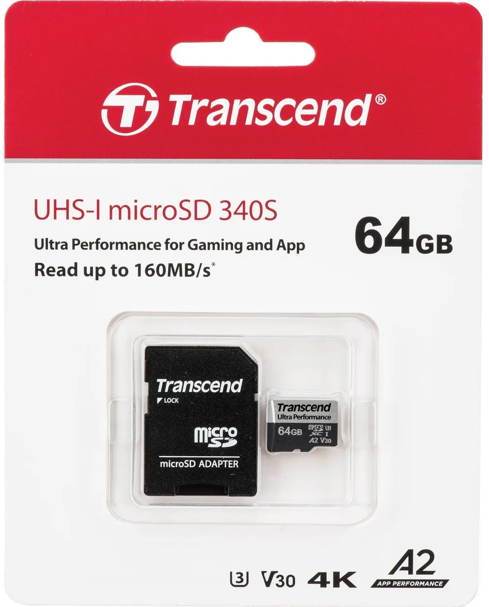 Карта памяти Transcend USD340S microSDXC 64GB (UHS-I U3) W-80 MB/s, R-160 MB/s Class 10 A2 V30 (TS64GUSD340S) + SD Adapter — фото 2