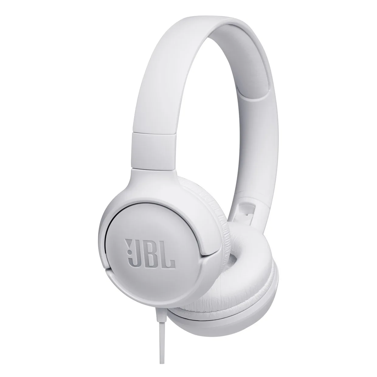 Наушники JBL T500 белые накладные, вид в три четверти с логотипом JBL на чашке и кабелем