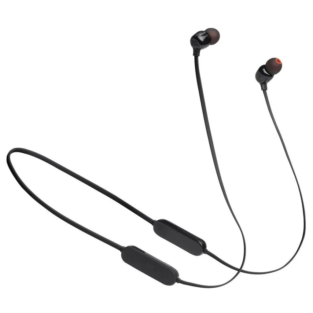 Наушники JBL Tune 125BT черные с шейным кабелем, вид сверху на вкладыши и два блока на кабеле