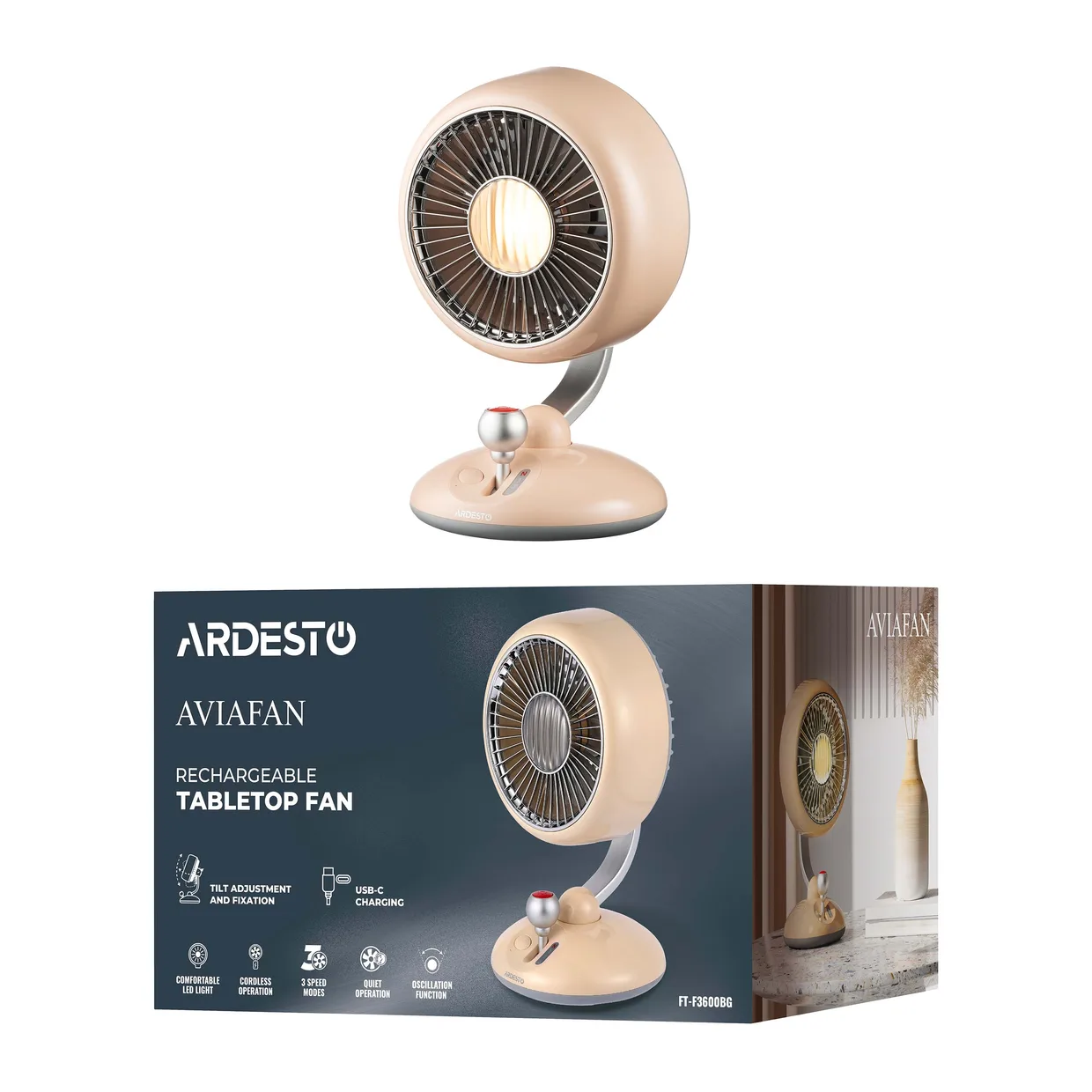 Вентилятор настільний акумуляторний Ardesto FT-F3600BG бежевий — фото 8