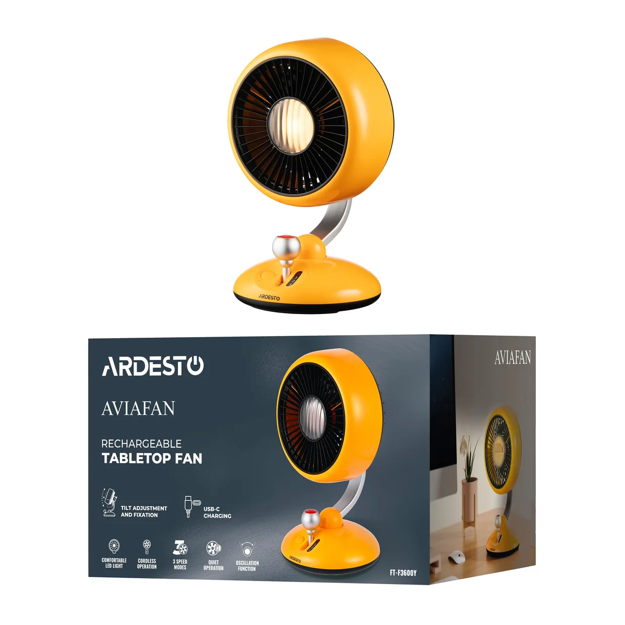 Вентилятор настольный аккумуляторный Ardesto FT-F3600Y желтый — фото 8