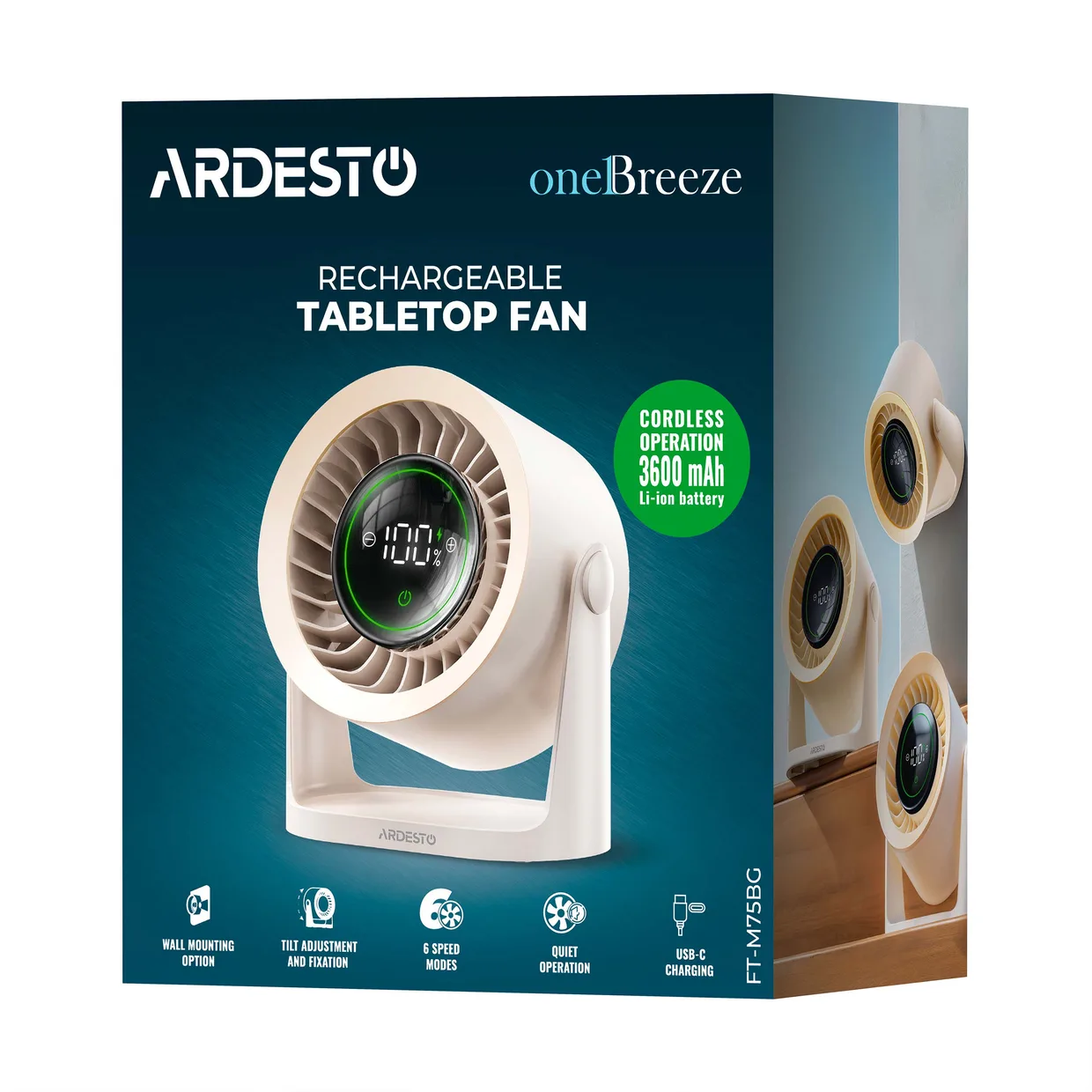 Вентилятор настільний акумуляторний Ardesto OneBreeze FT-M75BG бежевий — фото 11